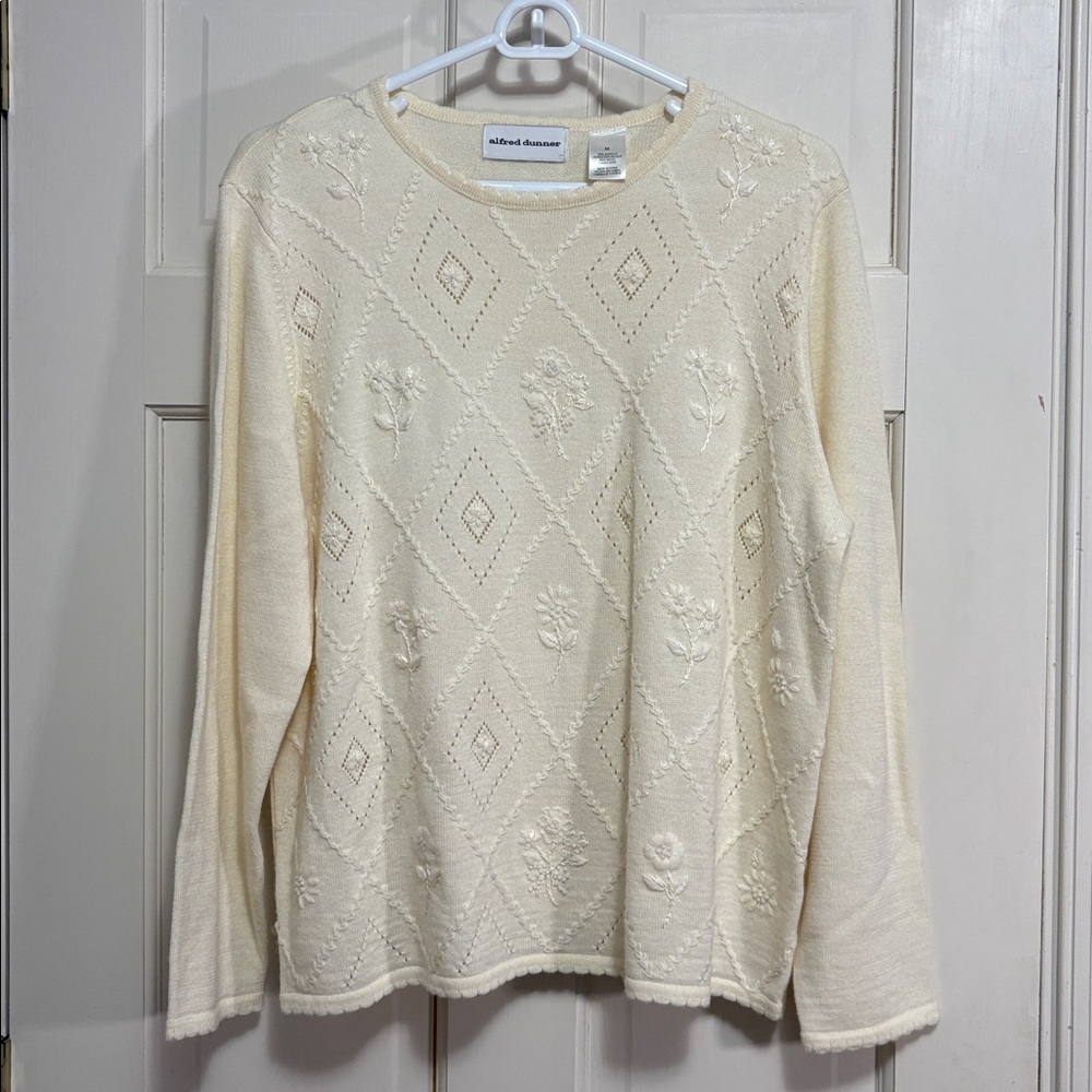 Alfred Dunner Women’s Ivory Bead Embroidered Front Long Sleeve Sweater